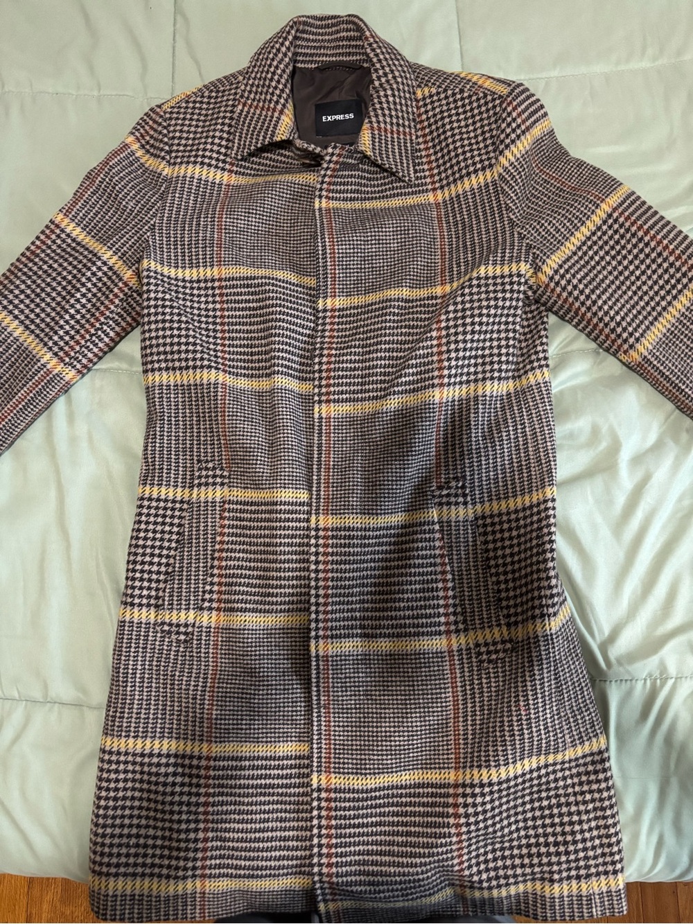 Express Plaid Long Coat in Black, Gray, Yellow & Red